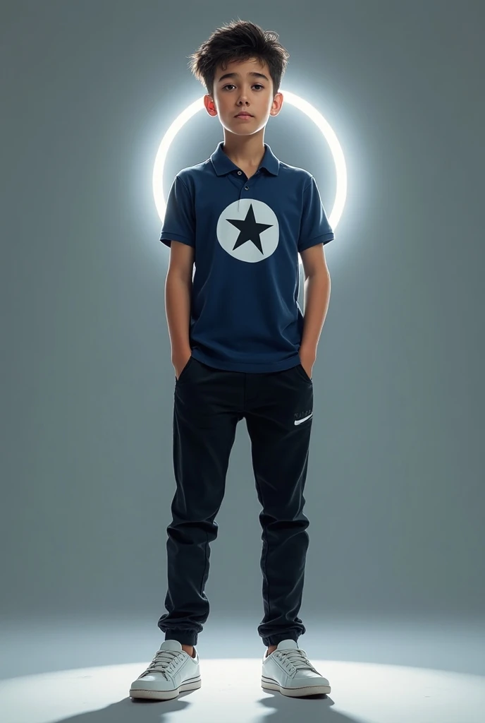  CREATE a 20-year-old boy dressed in a midnight blue polo shirt with a star inside a white circle, , a tight black jogger and white urban sneakers , with a plywood frame ,  and with a strong light that comes from the side to generate a halo effect behind t...