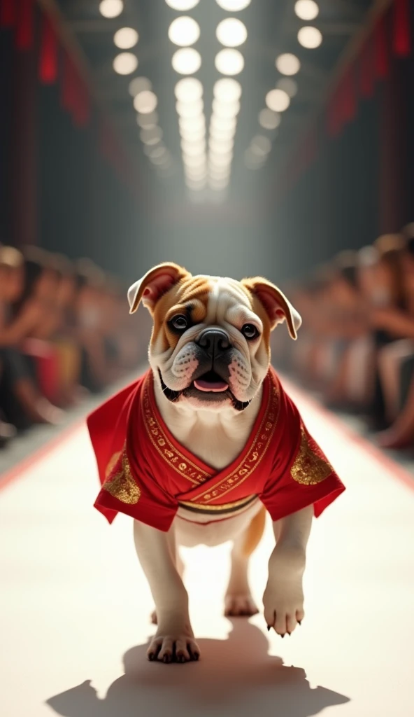 8k, Realistic. Photorealistic. Image is vibrantly colored.
photo,Highly detailed 
Photo quality, high quality,

A bulldog puppy walks down the runway to the camera.

wearing a red Glittering kimonos of gold and silver, wearing a white hakama, 
wearing sand...