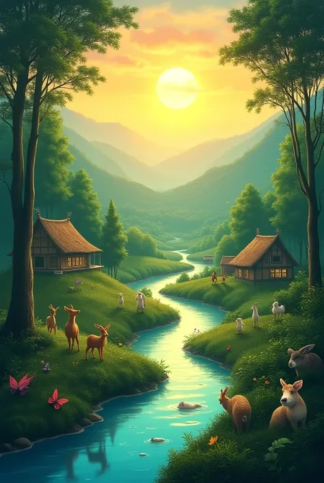 Create a short video of rising sun, green forest, river in forest, a small village, all types animal