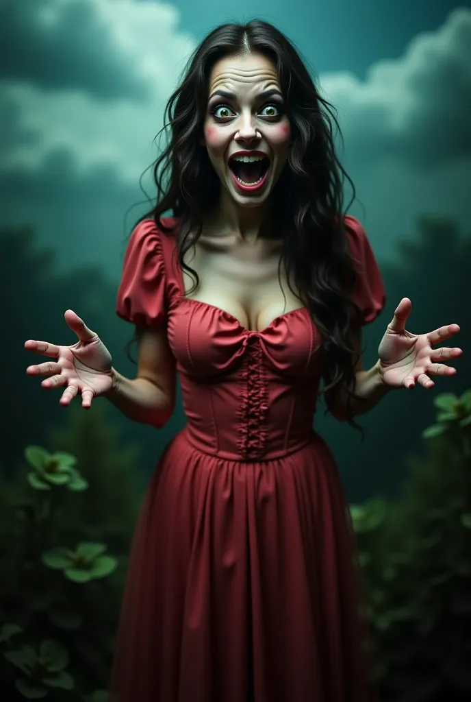 masterpiece photo of a dark-haired full-length sorceress with green eyes dressed in a magical watermelon dress actively says som...