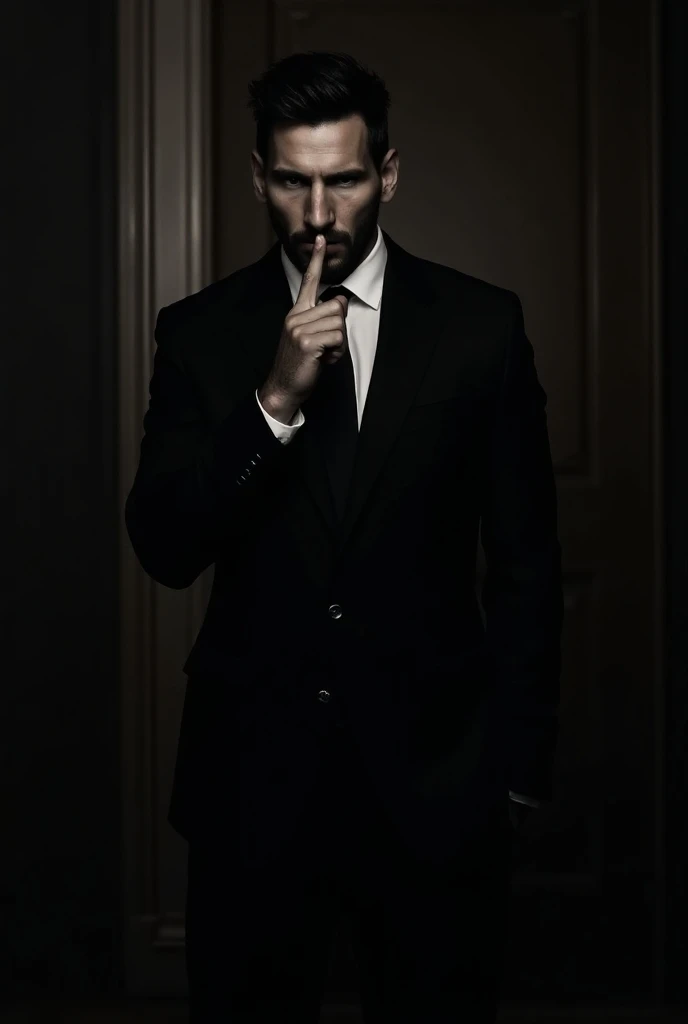 Messi in a black suit outside a bedroom door with a finger in his mouth asking for silence 

