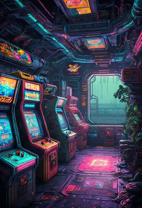 a classic arcade video game,outer space station,mysterious alien creatures,pixel art style,detailed pixel art,intricate pixel art,cyberpunk,neon lights,action,adventure,highly detailed,detailed environment,detailed background,detailed characters,detailed a...