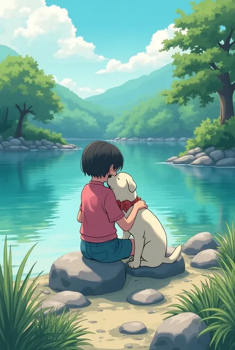  create an image of a girl sitting on some rocks at the edge of a small lake cuddling a dog.  describe the scene as detailed as possible as if you were a specialized manga artist . I also want you to write that the image must have a Japanese retro manga fe...