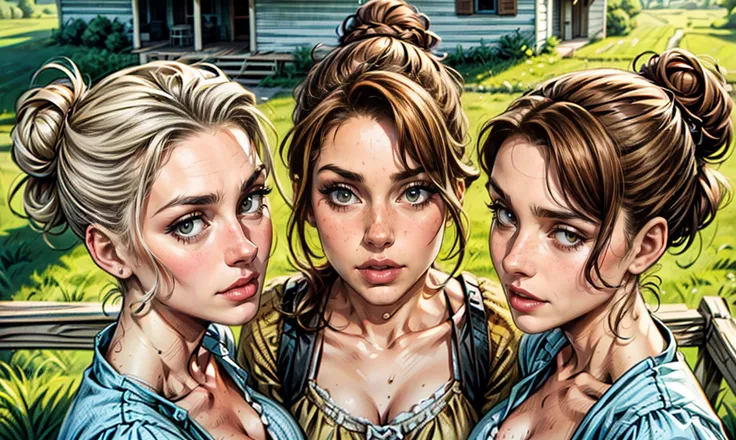 a close-up of 3 sexy unique Caucasian farming sisters with lusty flirty expressions and their hair up in a messy bun. all are dressed like tomboys and standing on the porch of a beautiful white heritage farmhouse in the mid-west on a sunny afternoon, looki...