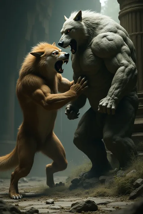 Create a wolf fighting a statue 
