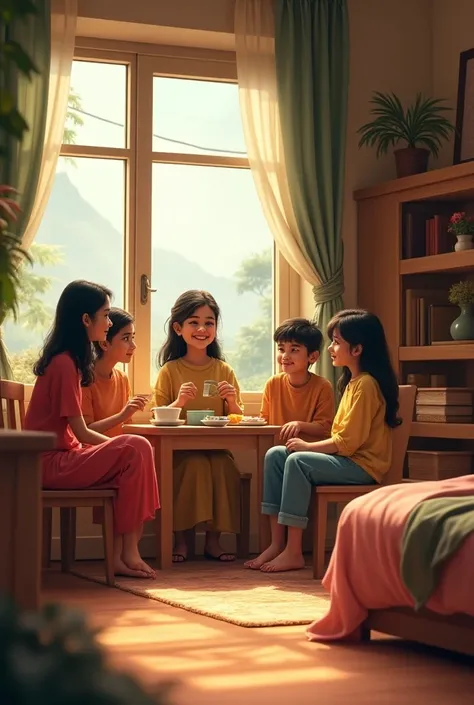 5 friends in the room. 3 girls and 2 boys.
they talk with each other.the room was decorated with chair, table,some books, a bed and mirror.there was a window beside the bed.there was a Bengali vibes