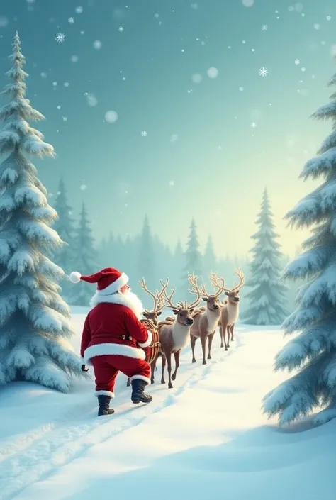 Beautiful poster alluding to Christmas with white background of Santa Claus reindeer trees