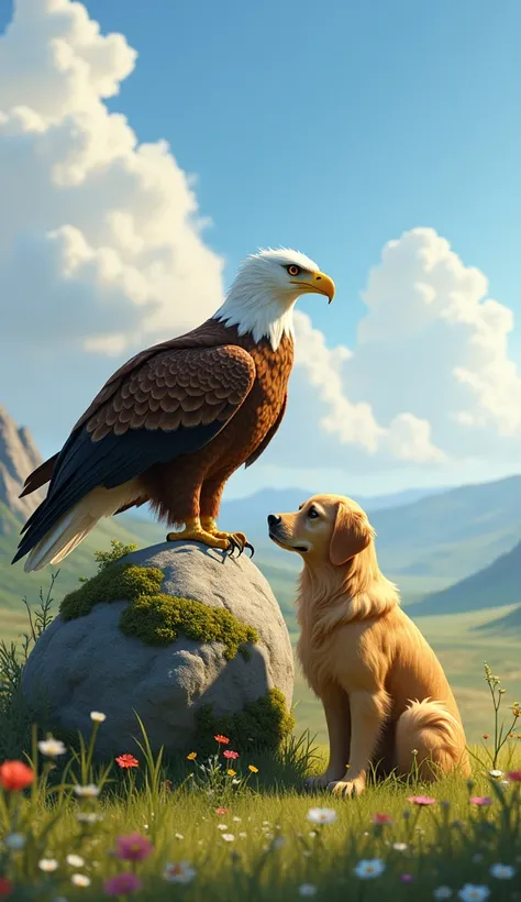 "In a tranquil meadow surrounded by rolling hills and wildflowers, a powerful eagle and a loyal dog are captured in a moment of calm connection. The eagle stands perched on a large, moss-covered rock, its wings partially spread and its keen eyes scanning t...