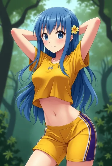 A shy fit girl anime in lakers uniform yellow, long shorts that reach the knees, t-shirt, navel, abs, shy smile, trees background, princes cut, arms behind head, blue hair, blue eyes, one flower in a hair, curved torso