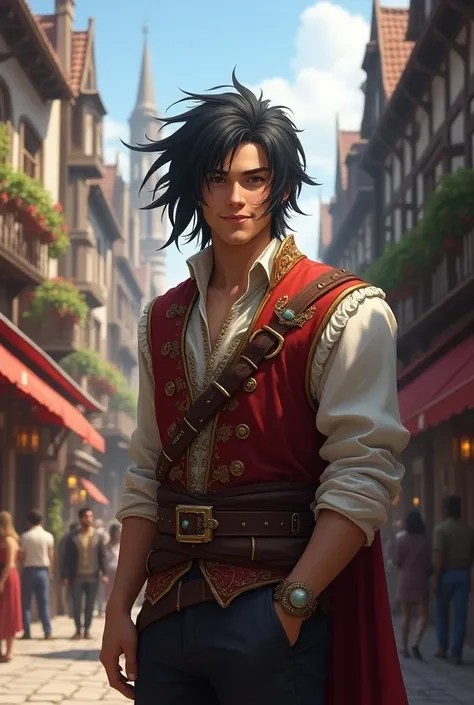 (Photorealism:1.2) A young man with black hair, dressed in fantasy clothes, standing in the middle of a medieval city, smiling, cheerful, cheerful, brave, confident in himself. 