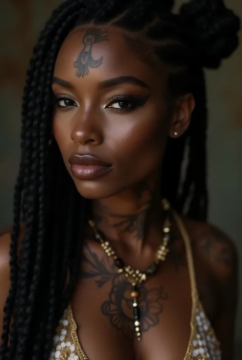 a full body close-up of a beautiful woman, braided and intricate hair, very feminine and vain, black skin, she is dressed in clothes from an African tribe, tattooed face, cryptopunk, heavy makeup, seductive look and dressed only in underwear, a porn girl, ...