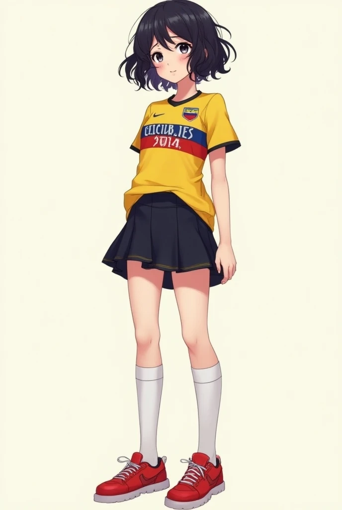  creates an image of a female anime character,  that her hair is curly and short ,   that her hair color is black , And her black eyes ,  and she has a shirt for the Venezuelan national soccer team,  and she has a black skirt down ,  with white tights and ...