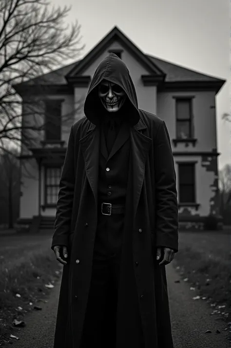 Create an image of a masked and mysterious man in front of a dark house at night this image must be scary and black and white half old.