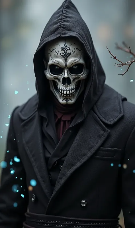 With skull mask, octane render, UHD, bokeh , background fog bioluminescent 