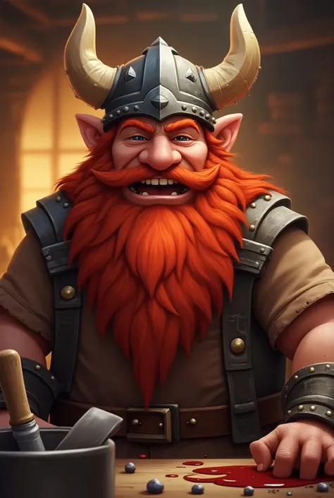 Animated but not so much image of an RPG character who is a Dwarf cook, He wears a helmet with horns and has a long red beard 