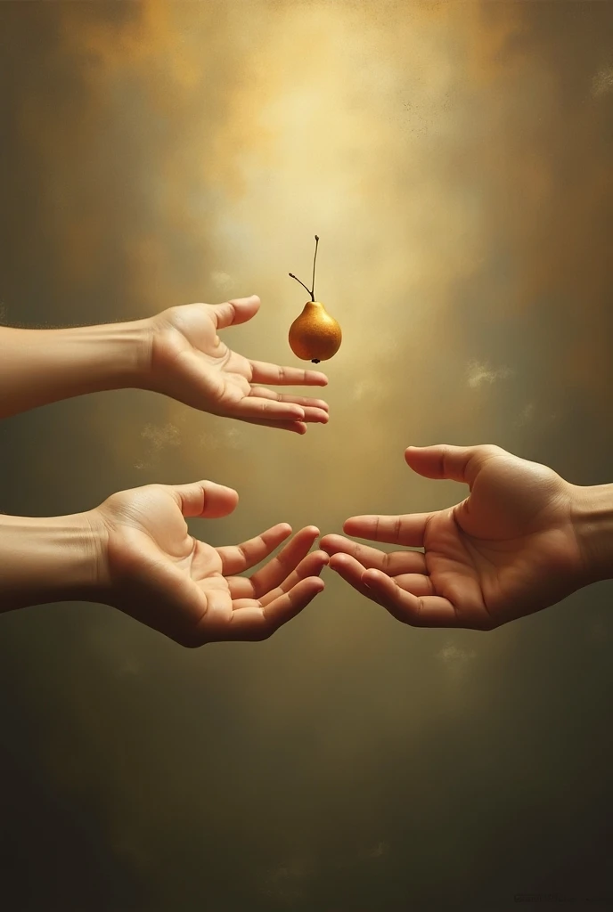 The hands in the picture of the creation of Adam and between the fingers that are trying to touch there is a pear 