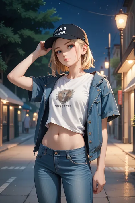 1girl,  white t-shirt , Belly button,  slender, Denim pants,  jacket, solo, Blonde, hat, Outdoor, Short sleeve, night,  medium hair, masterpiece, Best Quality