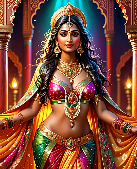 Detailed Indian Goddess, Goddess of love, beauty and prosperity, Divine beauty, Face turned to the side and body facing forward, Full body, Indian style background, (Best Quality, 4k, 8k, High Resolution, Masterpiece: 1.2), Ultra Detailed, (Realistic, Phot...