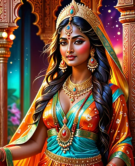 Detailed Indian Goddess, Goddess of love, beauty and prosperity, Divine beauty, Face turned to the side and body facing forward, Full body, Indian style background, (Best Quality, 4k, 8k, High Resolution, Masterpiece: 1.2), Ultra Detailed, (Realistic, Phot...