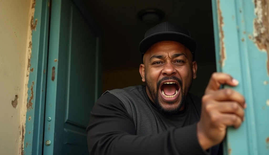 realistic photograph of a man with light brown skin ,  with a black cap on his head and shirt with black sleeves ,  a little fat with a taiger-like appearance and facial features, the Cuban reggaeton musician .  knocking on a door with his hand and shoutin...