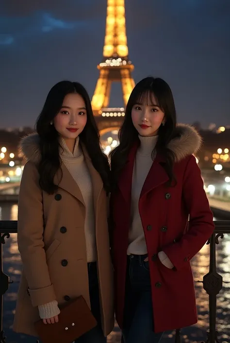  In this dazzling nighttime scene ,  two charmingly looking Korean women ,  both with sleek dark hair , posing gracefully alongside .  The iconic Eiffel Tower stands magnificently as a backdrop ,  illuminated by the light of the dark Parisian sky .  Dresse...