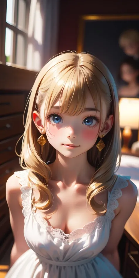 cute girl,  high resolution on down, Super detailed,(Focus on people:1.3), professional lighting,(( one girl playing pranks)),((Young looking face:1.3)), ( Ash Blonde Hair ), ((Very cute hair)),  perfect face,  innocent smile ,  upper body,(Cerulean Eye),(...