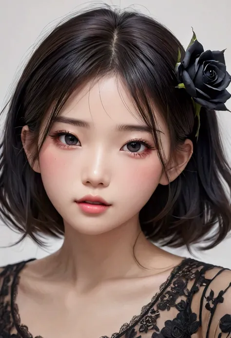 a close up of a Asian woman with a black rose in her hair, black roses in hair, artwork in the style of guweiz, ulzzang, inspired by Yanjun Cheng, guweiz, jinyoung shin, inspired by Jin Nong, realistic. cheng yi, by Jin Nong, aesthetic portrait, popular so...