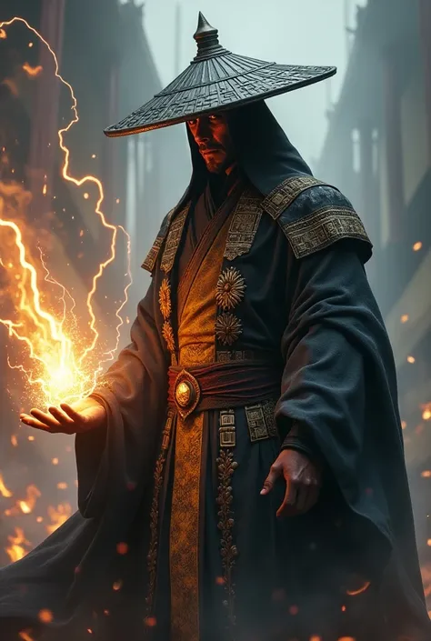 Mortal Kombat Elder God Lord Raiden And he have a china hat and he make hand shoot lazer