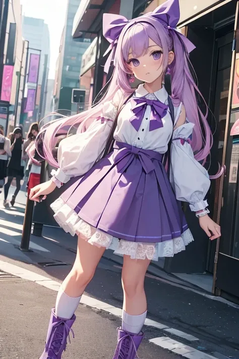 (masterpiece), best quality, expressive eyes, perfect face, street fashion scene, in harajuku style, cute pose, 1girl, standing, full body shot,( color palet is pastel purple:1.3), long pig tail, headband with bow ribbon, hair ribbon, bow ribbon on neck, b...