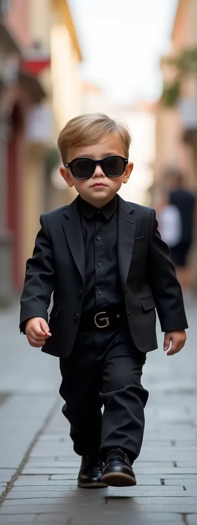 a young 8-month-old boy  walking down a vibrant urban street
the little boy walks confidently, wearing a stylish black suit and ...