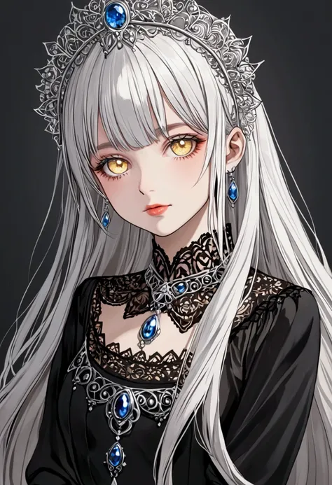  young woman, обладающая несовершенbutй, but совершенbutй красотой,  and usually wears gothic dresses ,  “golden-silver mystical eyes” . Её гетерохроматические правый глаз сияет тёмbut-красным а левый светло-голубым.  Her heterochromatic , и обычbut она bu...