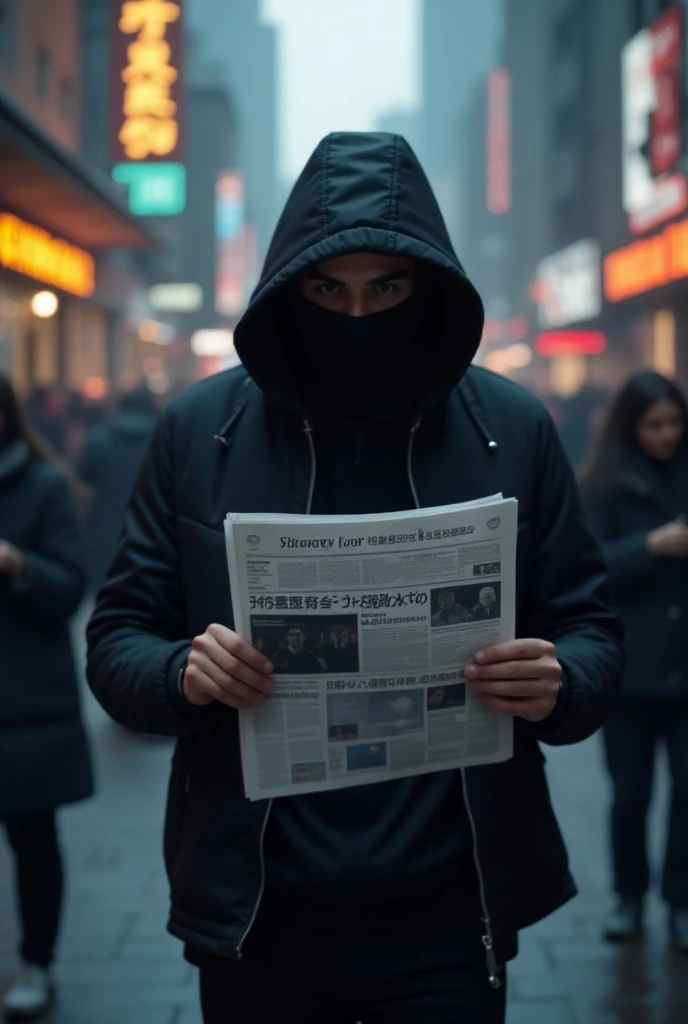 Make an image of a hacker buying a newspaper and the headline of the newspaper says PICHULA APKs