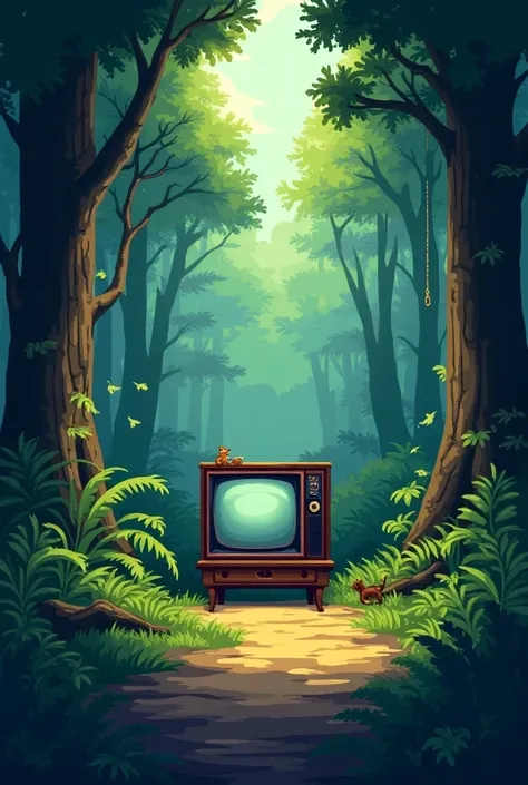 A TV in the middle of the forest,  pixel art style