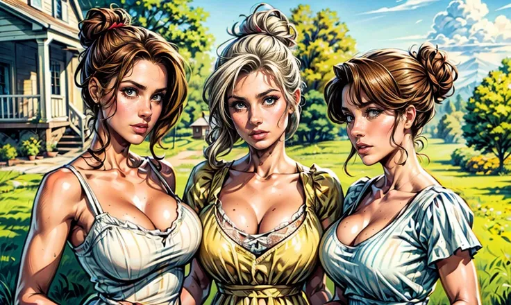 a close-up of 3 sexy unique Caucasian farming sisters with lusty flirty expressions and their hair up in a messy bun. all are dressed like tomboys and standing on the porch of a beautiful white heritage farmhouse in the mid-west on a sunny afternoon, looki...