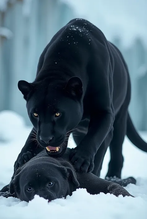 Black panther animal ने black dog को मार दिया है और उसके ऊपर पैर रख रखा है और उसको खा रहा है 
Baground  ice