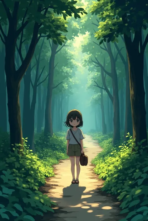 A girl look on a path in a alone forsat and carry a Bag 
This image in a anime staly full details in a picture and good quality 