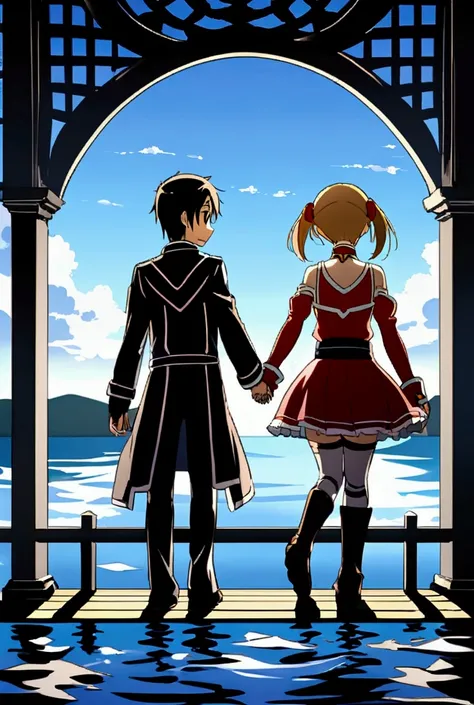 Kirito and Silica from Sword Art Online ,  sitting on a lake pier holding hands. 