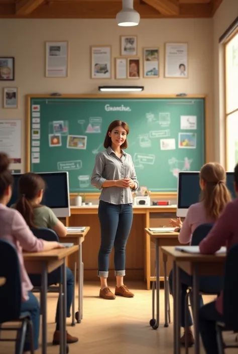 Create a picture with a computer and all necessary accessories for a German teacher class in the middle school in Bavaria 