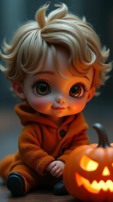 little chibi baby boy, 1 boy, extremely detailed eyes and face, beautiful detailed lips, longeyelashes, cute and adorable expression, halloween costume, pumpkin, jack-o-lantern, spooky atmosphere, moody lighting, dark shadows, (best quality,4k,8k,highres,m...