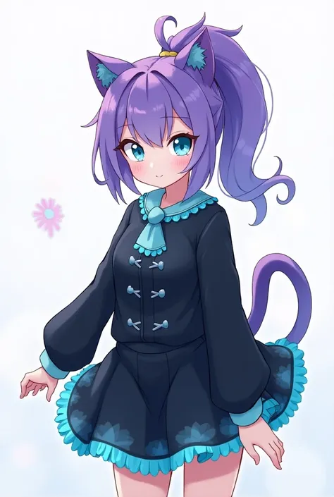 Con pelo morado con una cola de caballo con orejas de gato con la pollina de color azul cian ojos azules con camisa negra ♀️Personaje de gacha. with a pedazo del fleco color cian . With long sleeve shirt and skirt . with a . Black shirt and black skirt wit...