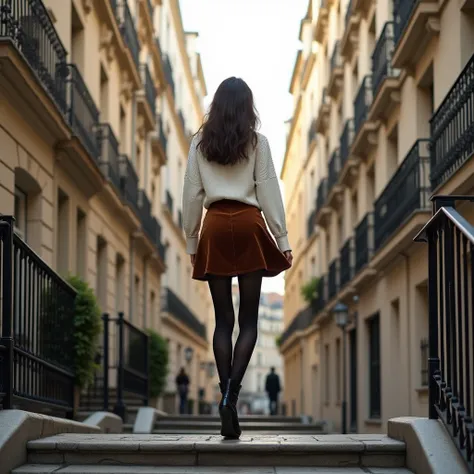 best quality, ultra high-resolution, photorealistic, photo of an elegant brunette woman walking up a stone staircase in a Parisian street. The shot is taken from a high angle, capturing her silhouette from above. She is wearing a light, long white sweater ...