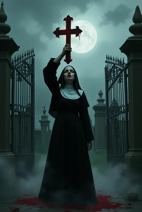 a nun with an inverted cross with blood begging outside a cemetery
