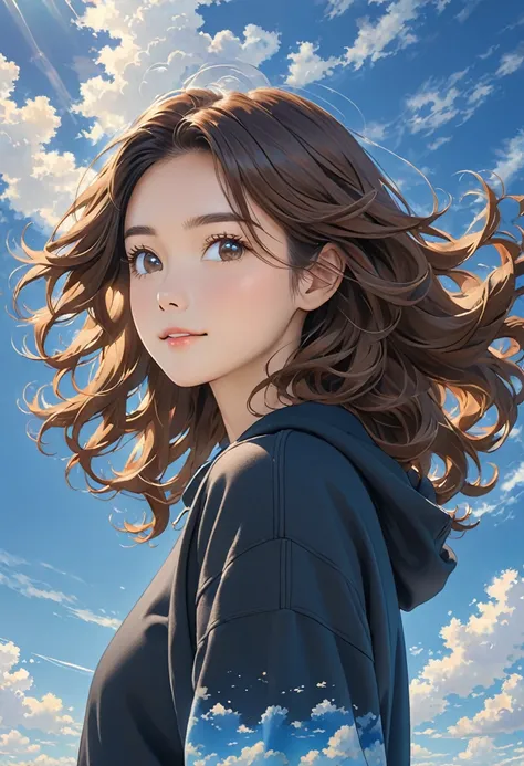 The image shows a person with long, wavy brown hair wearing a dark-colored sweatshirt. The background features a bright blue sky with some scattered, wispy clouds, suggesting it is a clear day. The lighting in the image is natural, likely from sunlight.