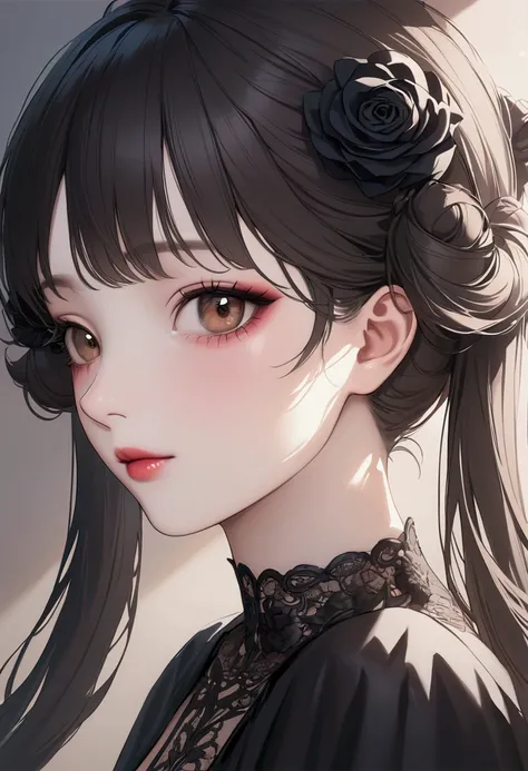 a close up of a Asian woman with a black rose in her hair, black roses in hair, artwork in the style of guweiz, ulzzang, inspired by Yanjun Cheng, guweiz, jinyoung shin, inspired by Jin Nong, realistic. cheng yi, by Jin Nong, aesthetic portrait, popular so...