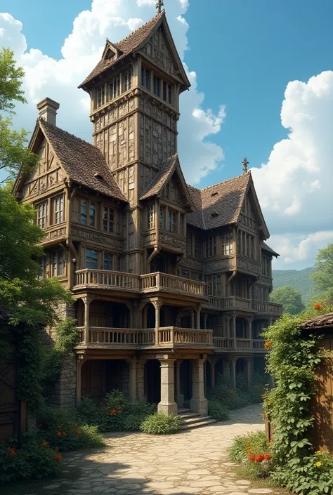 I want the exterior of a medieval library .  it must have at least two floors and be very large and spacious .  Its enormous research tower must be large enough to be seen from kilometers away.  It must be made mainly of wood, as if it were a village libra...