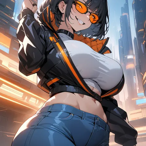 
masterpiece, best quality, 1 woman, milf, big breasts, wide hips, slim body, short black hair, glowing orange eyes, white crop top, black cyber jacket, blue jeans, future city, cyberpunk, smirks, close view, black sunglasses
