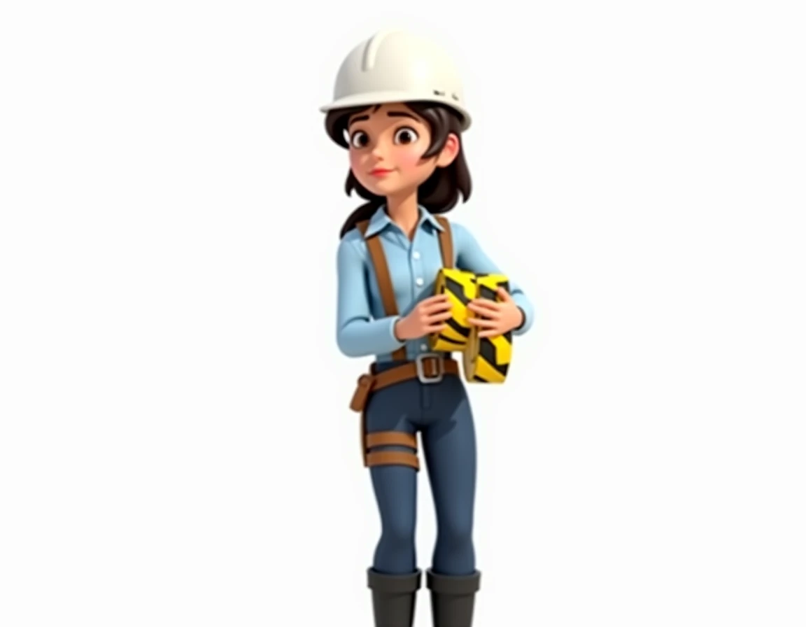  occupational safety and health supervisor young woman about 26 years old dark brown and looking serious with a white helmet, long sleeve shirt with collar color light blue ,  dark blue pants , brown strap ,  vest without straps on the pants, without vest,...