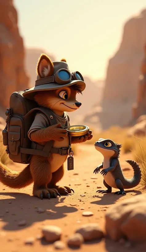 "Nilo, the furry adventurer with his hat, goggles, and backpack, encounters a small desert lizard on a rocky path. The two exchange curious looks as Nilo holds out the golden compass as if showing it to the lizard. Late afternoon sunlight casts a warm glow...