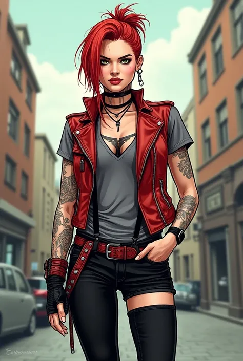 american comic style Castiel has half of her hair red and tied in a small ponytail, Leaving the lower half loose .  He now has various tattoos on his two arms , hands and neck.

 Castiel wears a gray short-sleeve shirt ,  almost always covered by his red l...