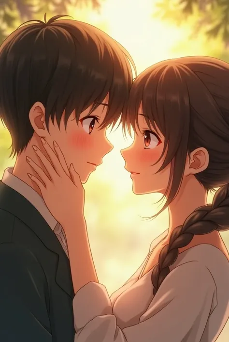 Create a relastic anime style couple pic, where boy touching girl cheek, girl have mole on face